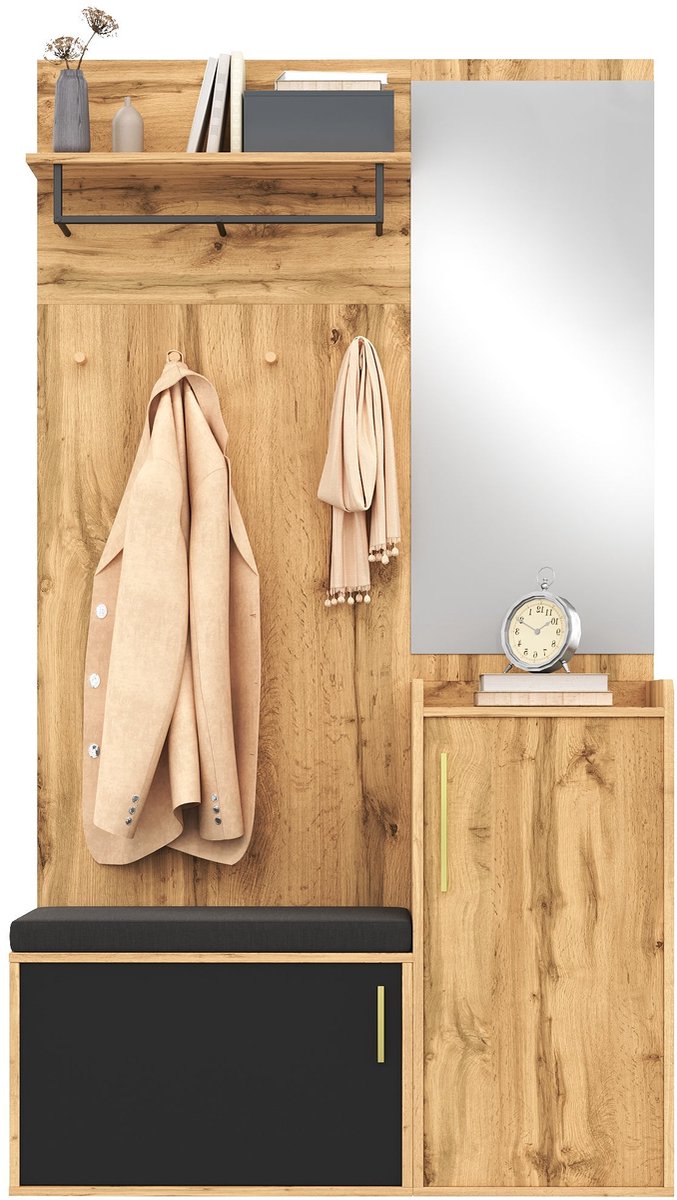 Merax Halmeubel - 100x38x185cm - Kapstok met Spiegel - Houten Garderobekast met Zitbank en Schoenenkast - Flurmeubel in Eikenhout en Zwart
