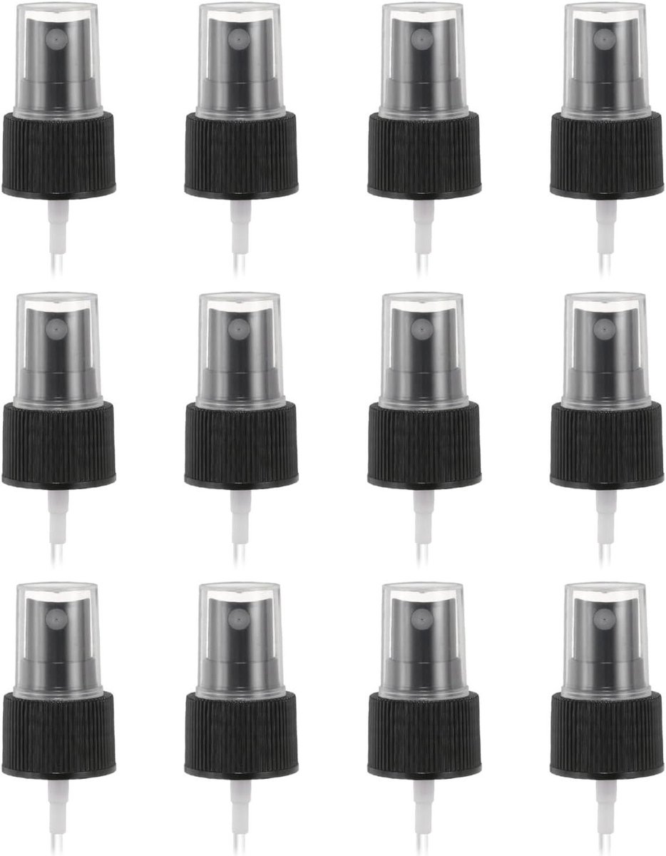 Image of 12 stuks zwarte sproeikoppen voor herbruikbare reserve-sproeiflespompen - fijne sprays voor etherische oliën, haar en lichaam - 24/410 strips van kunststof