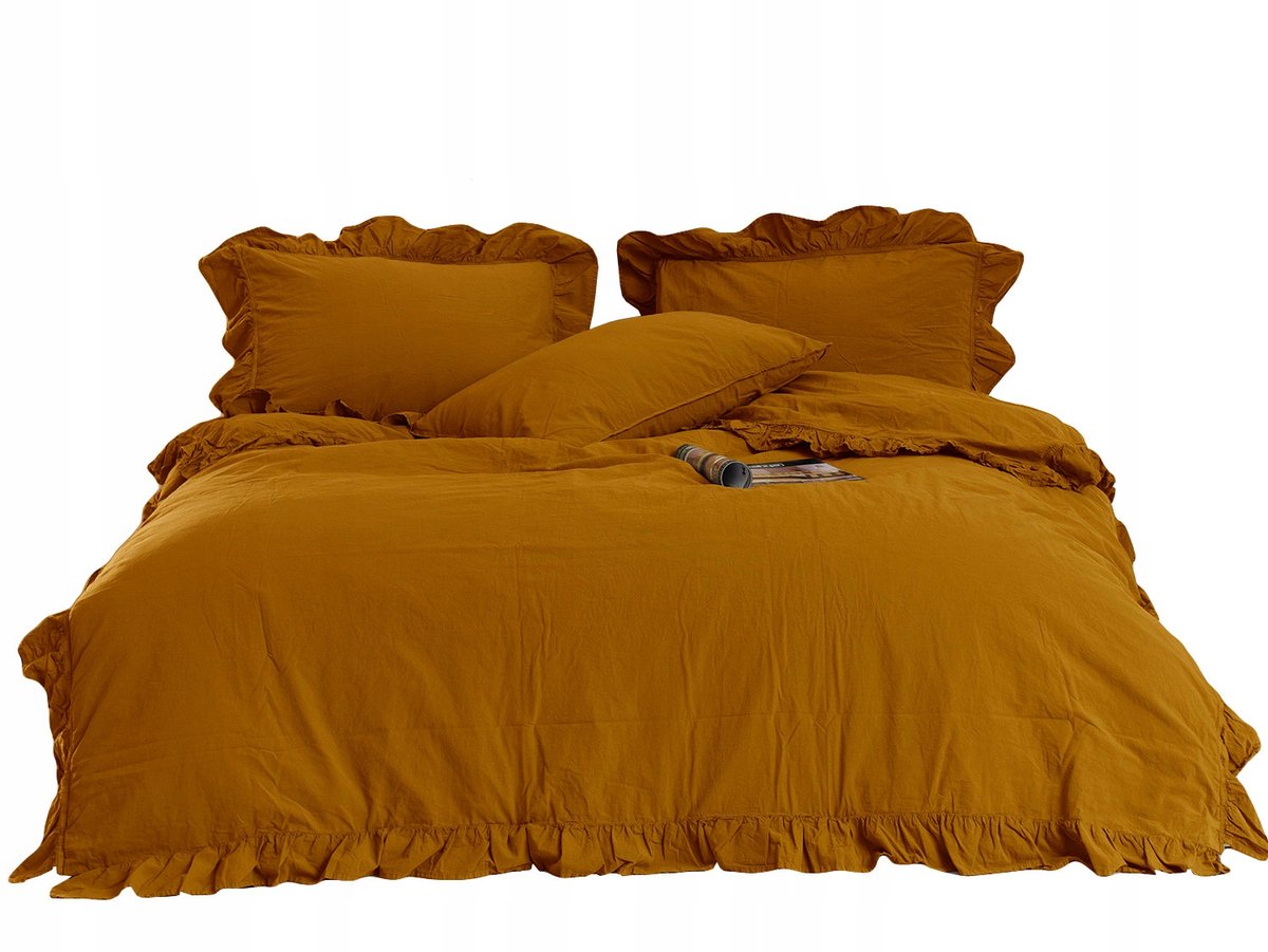 Luxe Katoenen Dekbedovertrek met Ruches 160x200 - Mosterdgeel