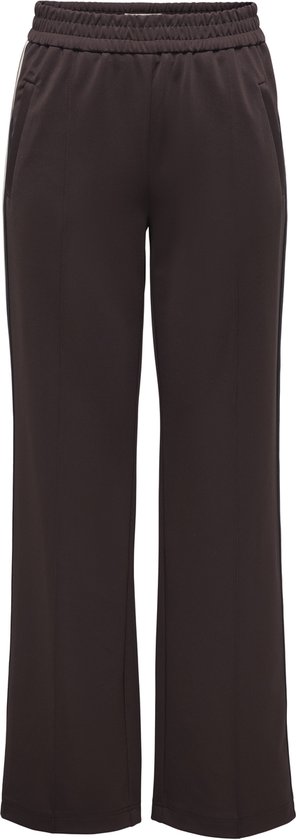 Donkerbruine trainingsbroek met elastische tailleband en persvouwen, voorzijde.