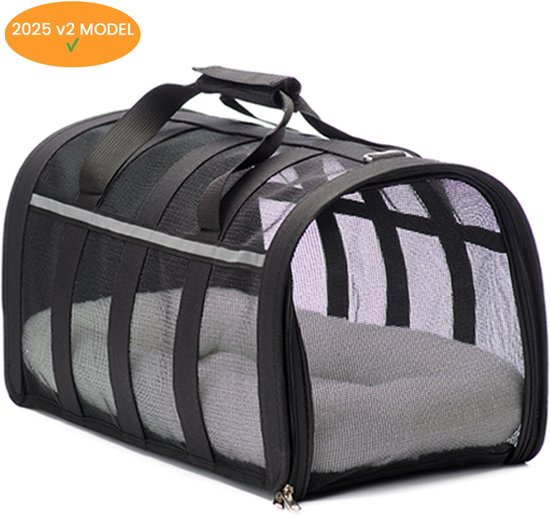 Katten reismand - 47x27x25cm - Reismand kat - Zwart - Opvouwbaar met schouderband en comfortabele mat - Kattenmand - Extra stevig & veilig model