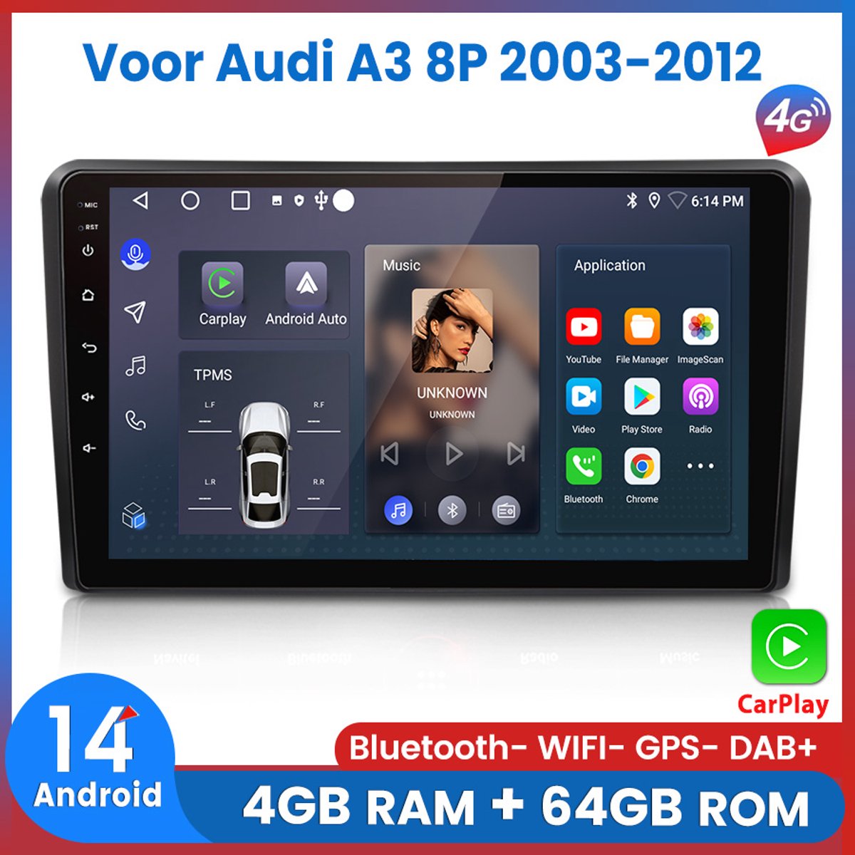 Awesafe 8-Core 4+64GB Autoradio - Geschikt Voor Audi A3 2003 t/m 2012 - Draadloze Carplay Android Auto - Touchscreen - GPS Navigatie 4G WiFi - Bluetooth Radio - 2003 2004 2005 2006 2007 2008 2009 2010 2011 2012