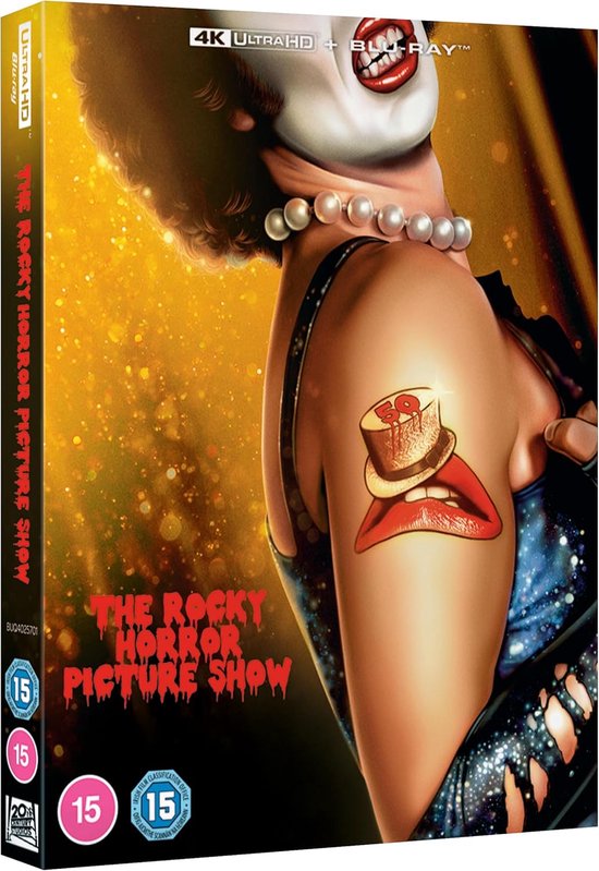 Jaquette de The Rocky Horror Picture Show avec un gros plan d'une femme portant un collier de perles et un tatouage de lèvres rouges et d'un chapeau.