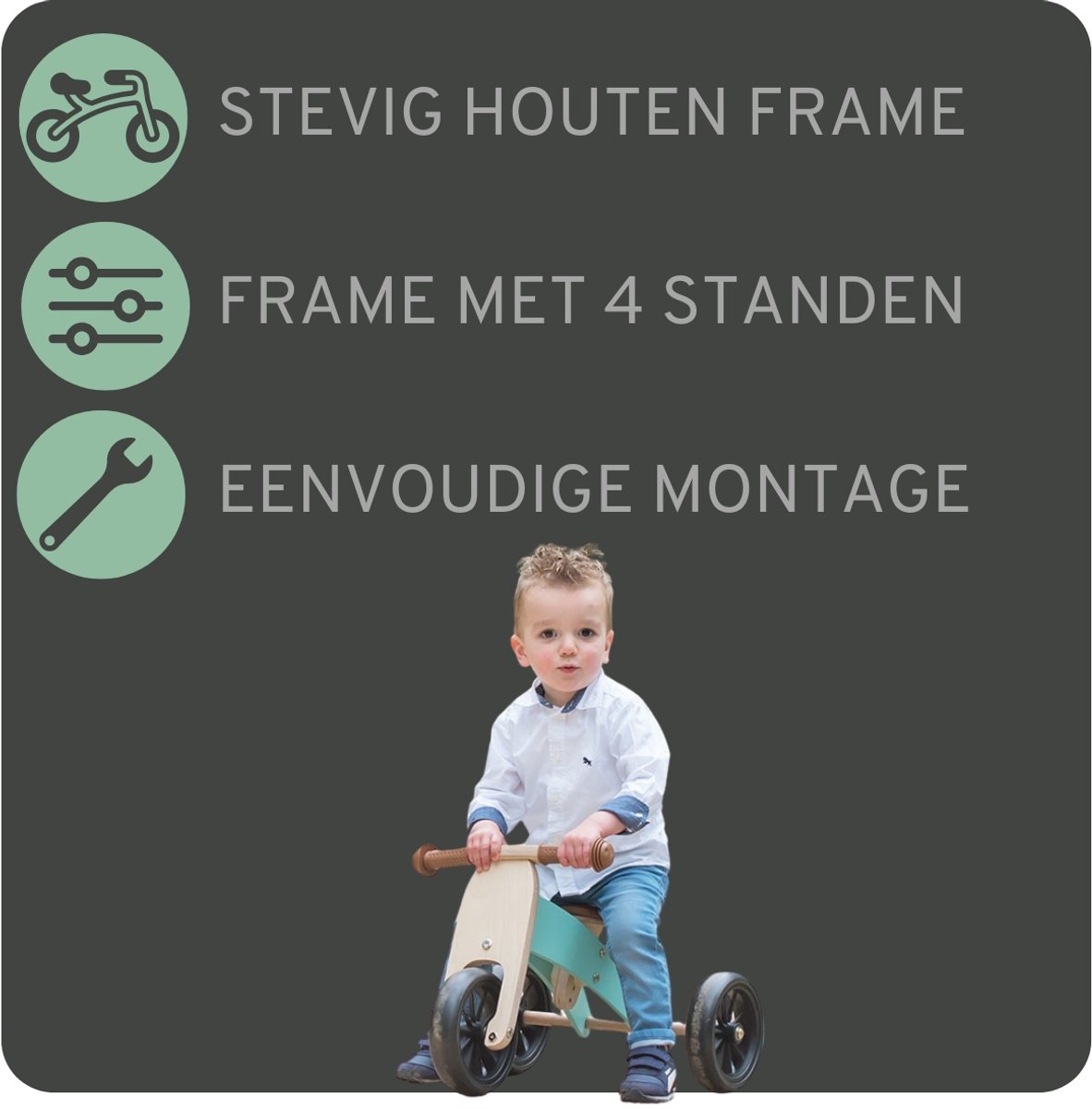 Bandits & Angels Smart Bike Loopfiets Hout 4-in-1 Mint vanaf 1 jaar - Voor Jongens en Meisjes - Houten Loop Fiets - Omkeerbaar in Driewieler en Tweewieler - Verstelbaar Zadel — afbeelding 6