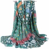 Groene dames sjaal met bloemen - 90 x 180 cm