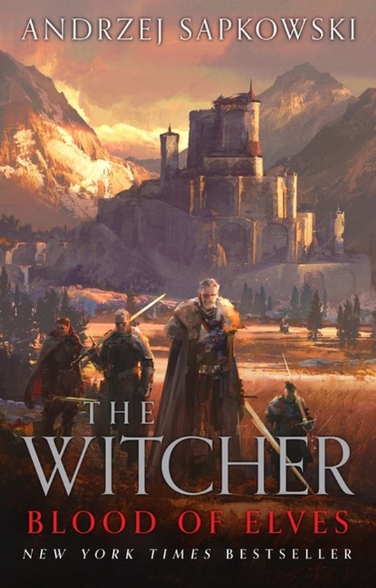 Couverture du livre : Quatre guerriers armés de leurs épées dans un paysage avec un château et des montagnes. Le titre 'The Witcher Blood of Elves' est écrit en grand sur la couverture.