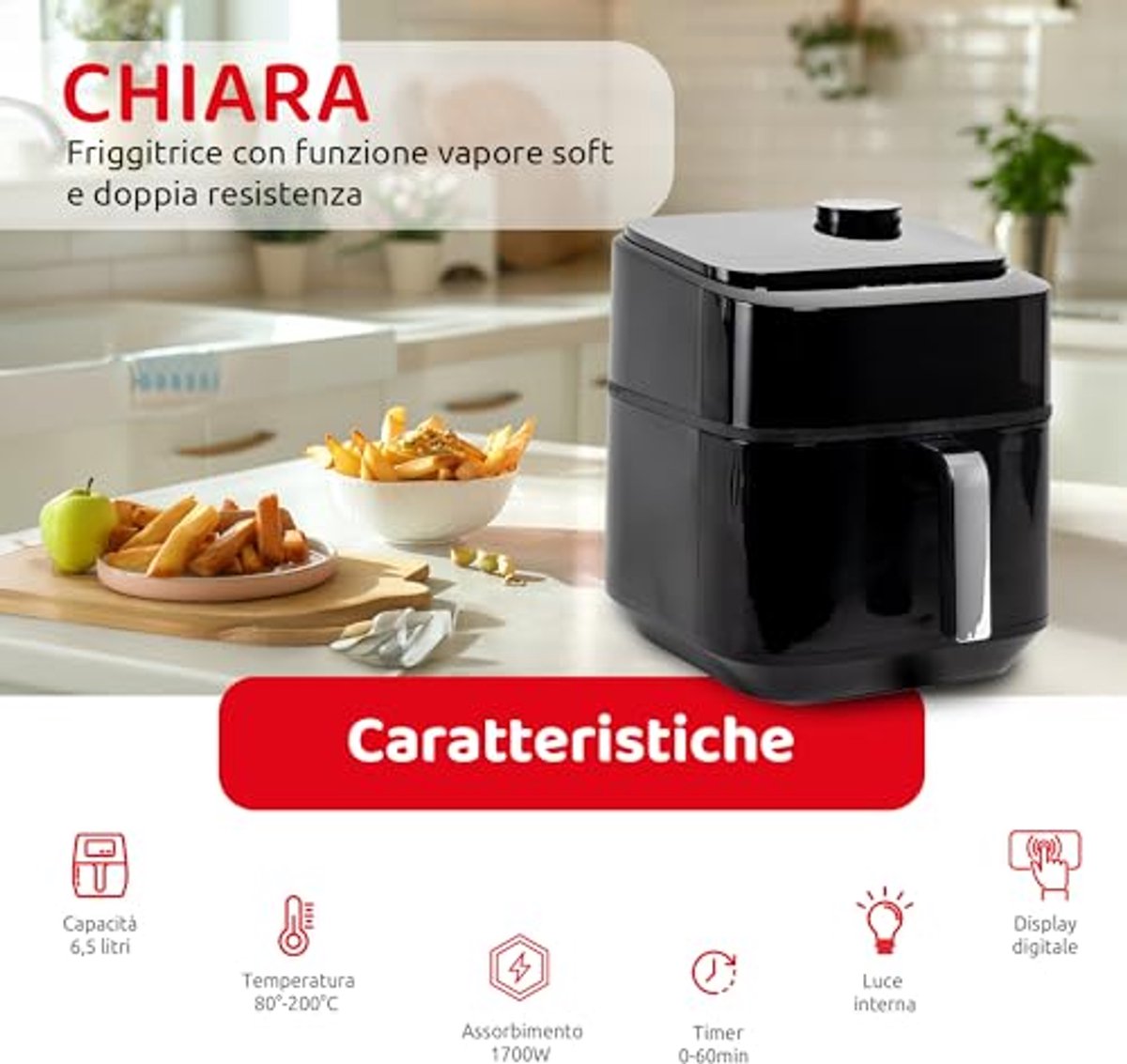 Luchtfriteuse met Soft-Stoom, Digitale Display en 8 Vooraf Ingestelde Programma's, 6,5 L