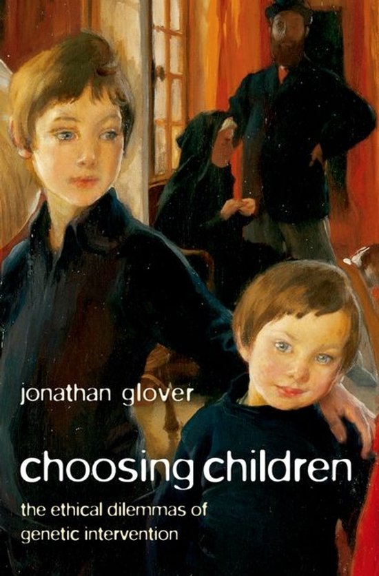 Jongen in zwart overhemd, met een andere jongen en twee volwassenen op de achtergrond. Titel 'choosing children'.