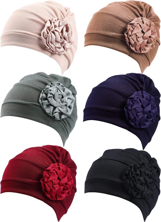 Vitdipy - Turban - Lot de 6 - Turban Bloem pour femme - Bonnet chimio pour la perte de cheveux - Coiffe plissée - Accessoires pour femmes - Beige, kaki, vert, Blauw, rouge, Zwart