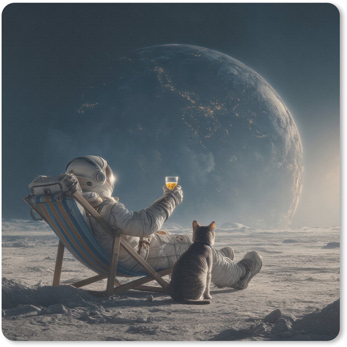 Muismat 20x20 cm - Mousepad Maan - Kat - Astronaut - Ruimte - Muismatten