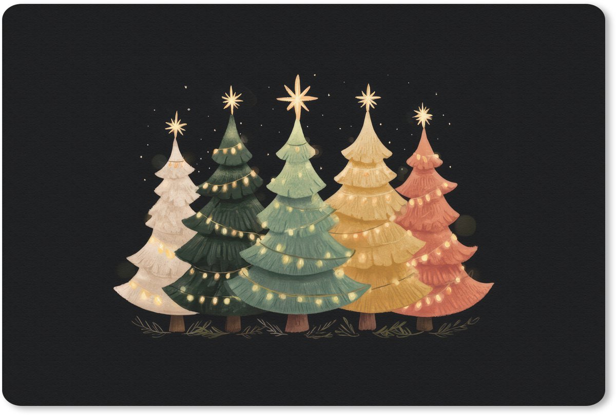 Muismat 27x18 cm - Mousepad Kerstbomen - Kleurrijk - Lichtjes - Ster - Muismatten