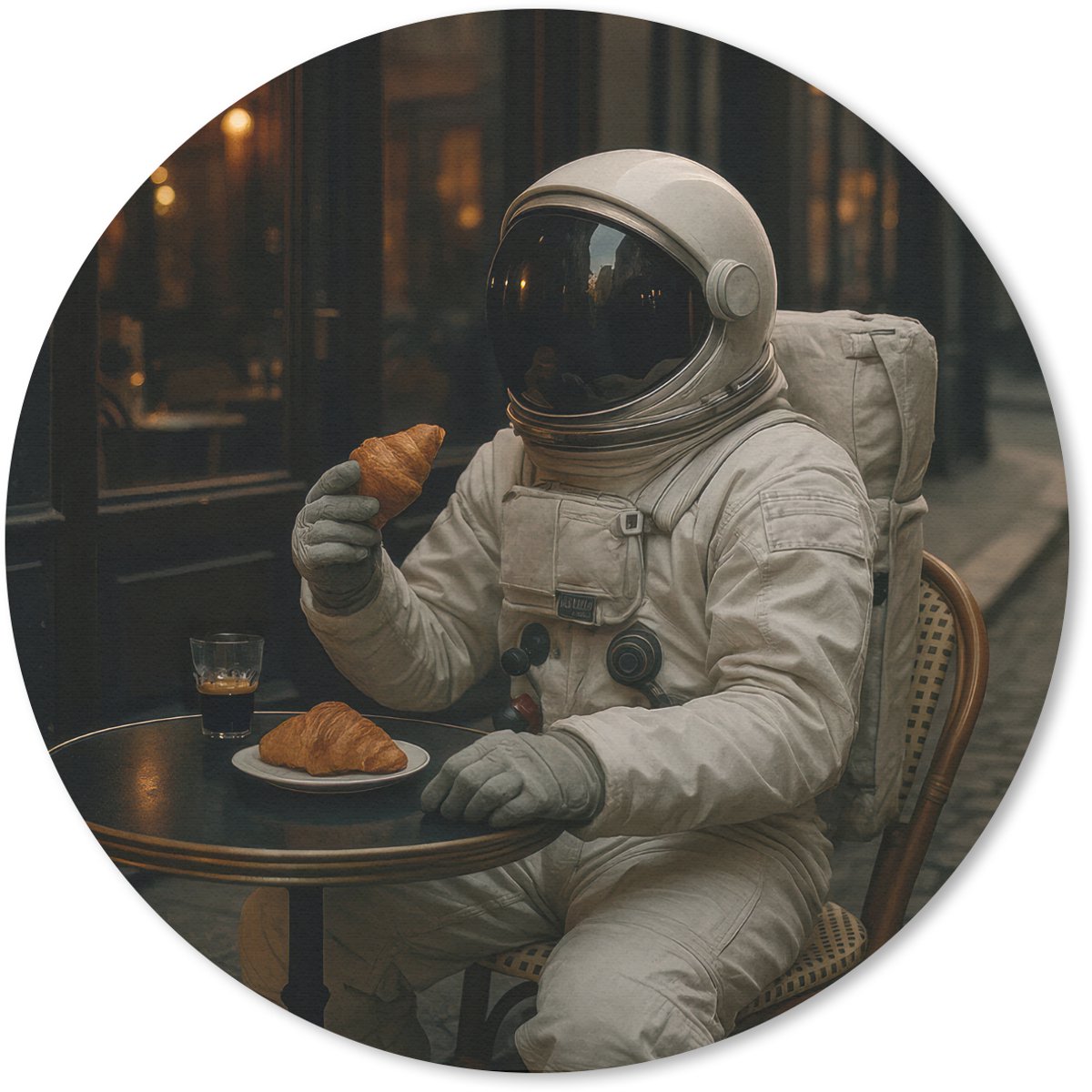 Muismat rond 40x40 cm - Mousepad Café - Croissant - Koffie - Astronaut - Ronde muismatten