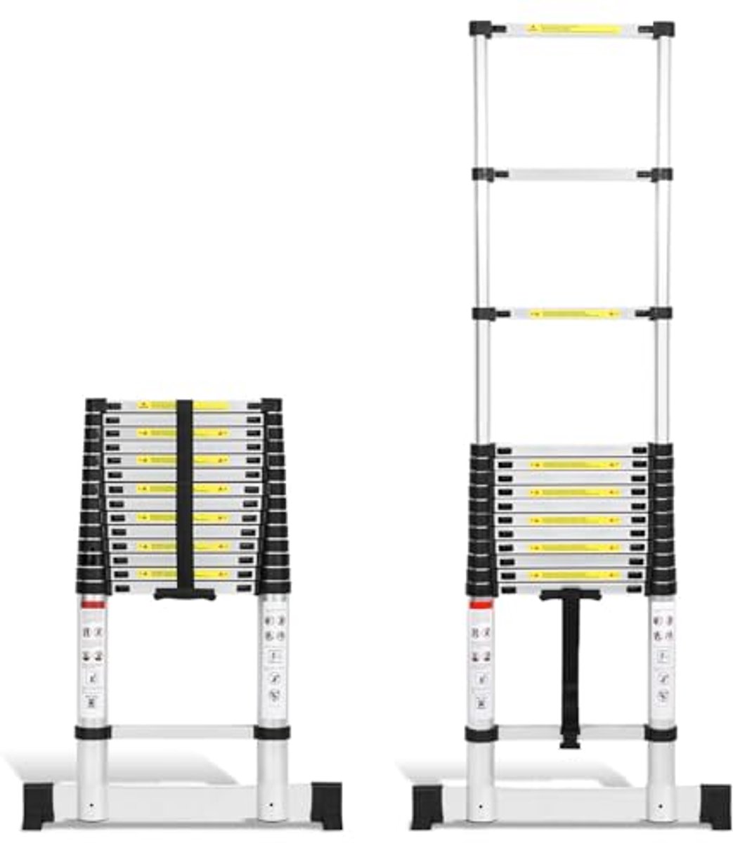 Telescopische Ladder - Uitschuifbare Ladder - Reparaties Binnen Buiten - Veiligheidsschakelaar - 44 Meter - Zilver Zwart