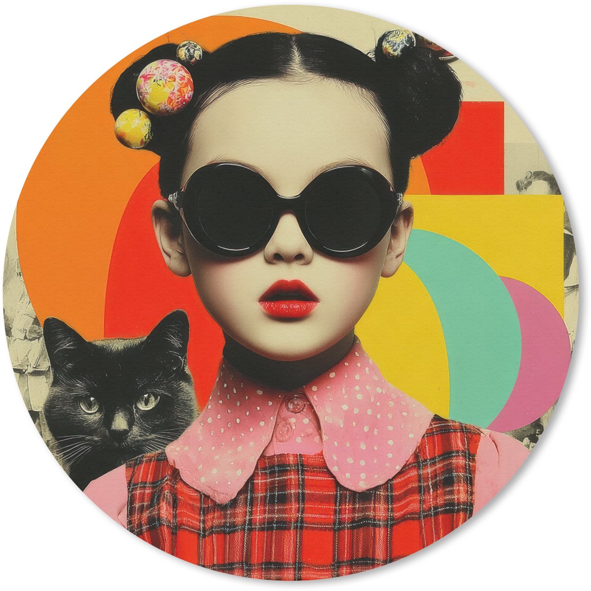 Muismat rond 30x30 cm - Mousepad Meisje - Zonnebril - Kat - Retro - Ronde muismatten