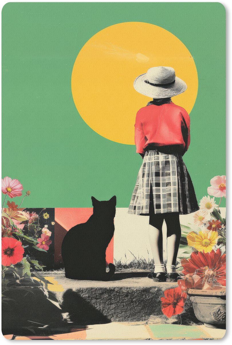 Muismat 18x27 cm - Mousepad Retro - Meisje - Kat - Zon - Muismatten