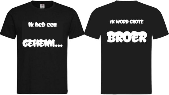 T-shirt noir avec 'Ik heb een GEHEIM...' sur le devant et 'IK WORD GROTE BROER' au dos.