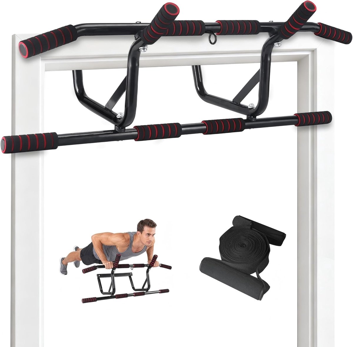 NETTLIFE Pull Up Bar - Pull-upstang voor deurkozijn - 140kg Draagkracht - met gewatteerde antisliphandgrepen - Optrekstang Wandmontage - Trainingsapparaat voor deurkozijn 80-90 cm - Pull Up Station voor Thuis Sporten - Thuis Fitness - zwart