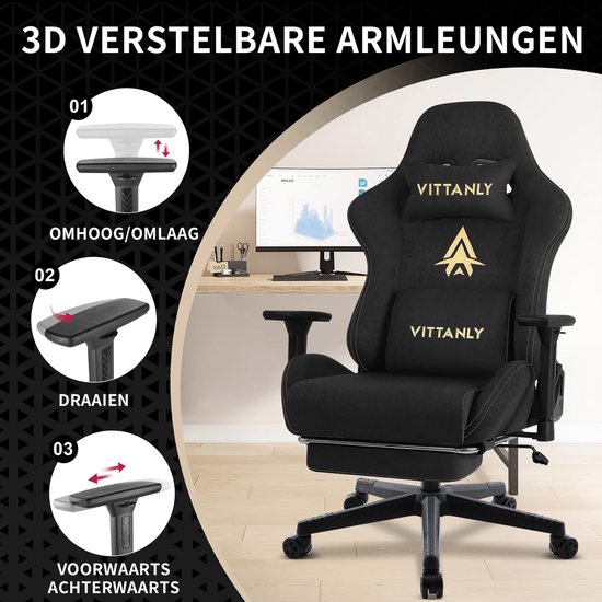 Zwarte gamerstoel Vittanly met 3D verstelbare armleuningen: omhoog/omlaag, draaien, vooruit/achteruit.