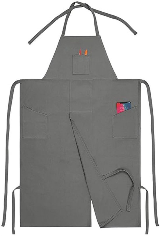 Canvas schort, waterafstotend lange split benen kapsel, schort met zakken, grijs