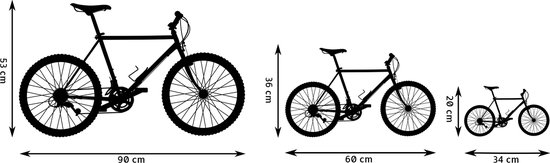 Drie silhouetten van mountainbikes in verschillende maten, met afmetingen.