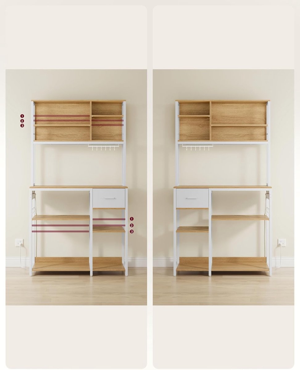 VASAGLE Keukenplank met stopcontacten, staande plank, magnetronplank, verstelbare planken, stoffen lade, 12 haken, 40 x 100 x 180,4 cm, voor magnetron, keuken, Golden Oak Cloud White KKS027Y02