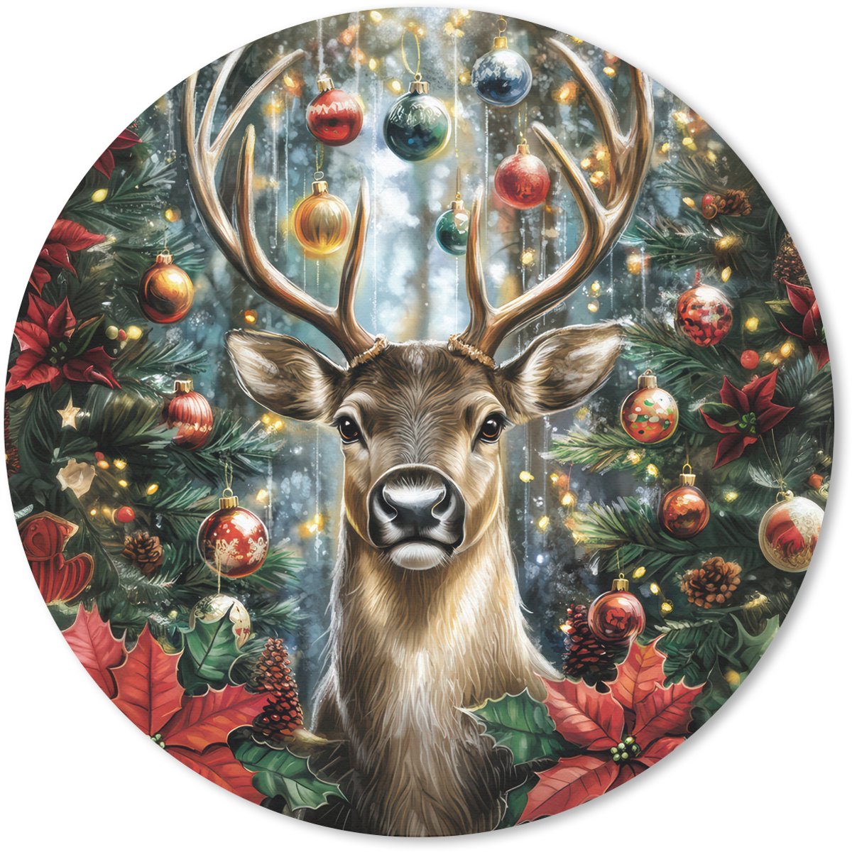 Muismat rond 30x30 cm - Mousepad Kerstfeest - Dennenbos - Rood - Ronde muismatten