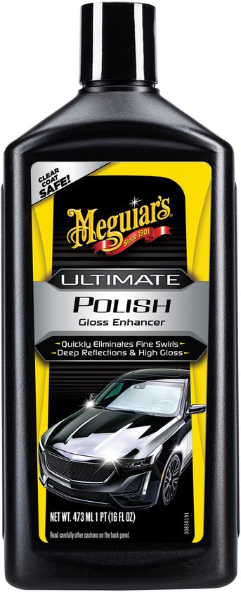 Zwarte fles Meguiar's Ultimate Polish met gele en grijze labels, waarop een glanzende auto staat.