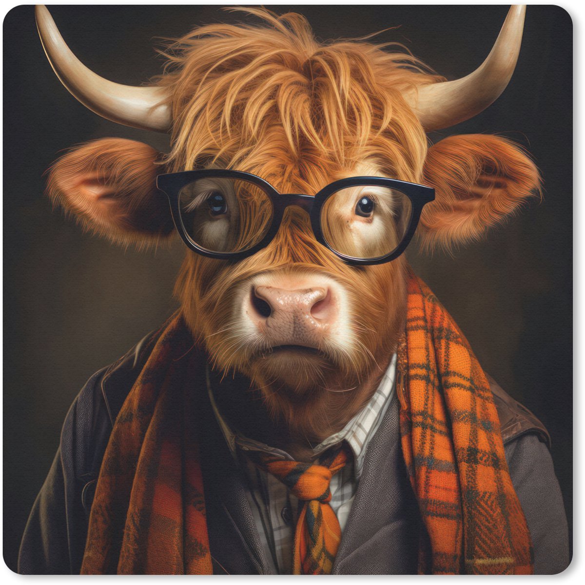 Muismat 30x30 cm - Mousepad Schotse hooglander - Bril - Sjaal - Dier - Muismatten