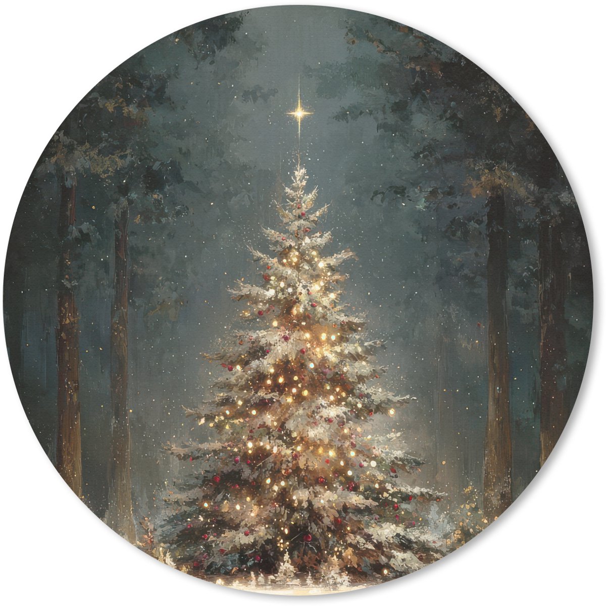Muismat rond 20x20 cm - Mousepad Kerstboom - Bos - Sneeuw - meerkleurig - Ronde muismatten