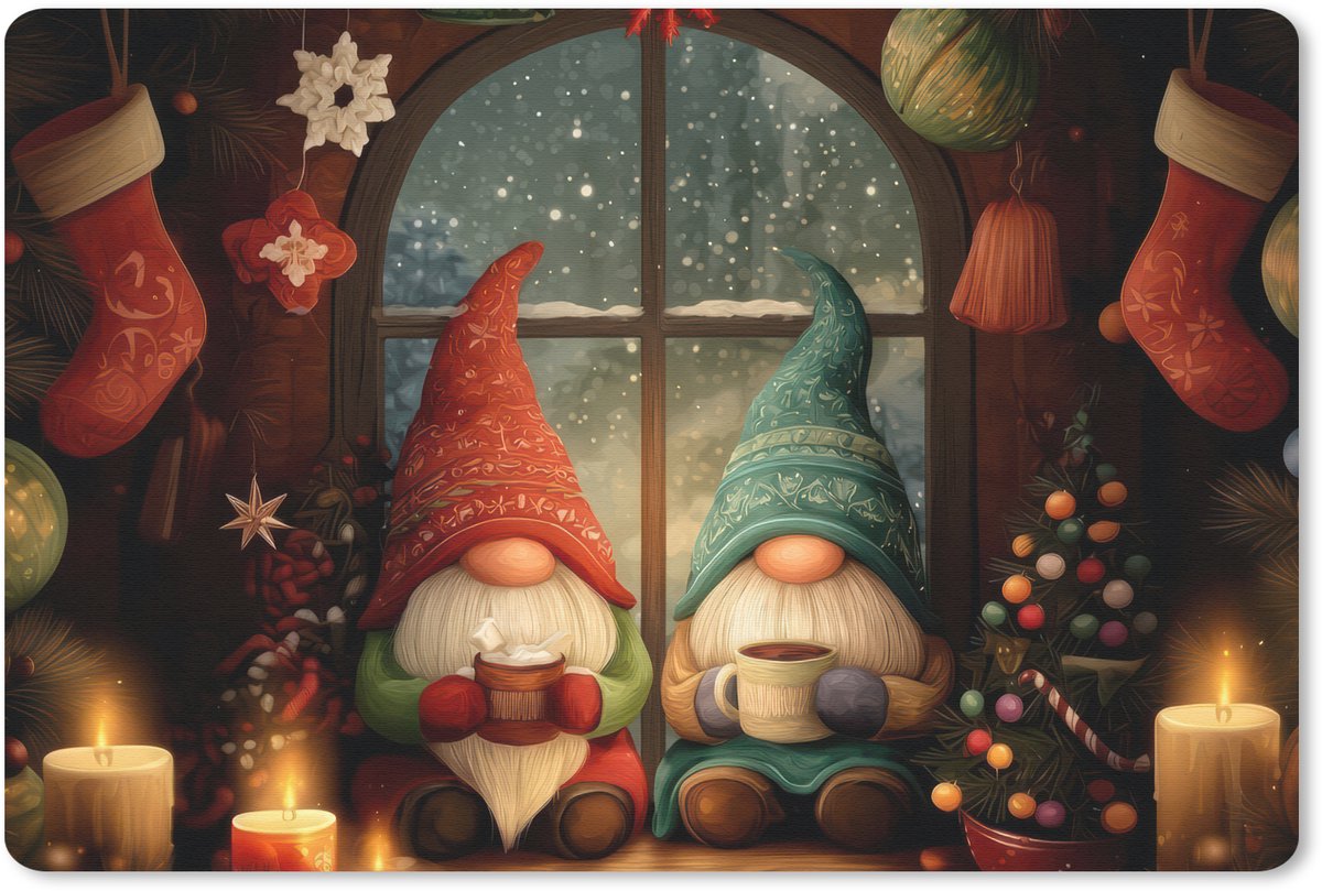 Muismat 27x18 cm - Mousepad Gnooms - Kerst - Raam - Kleurrijk - Muismatten