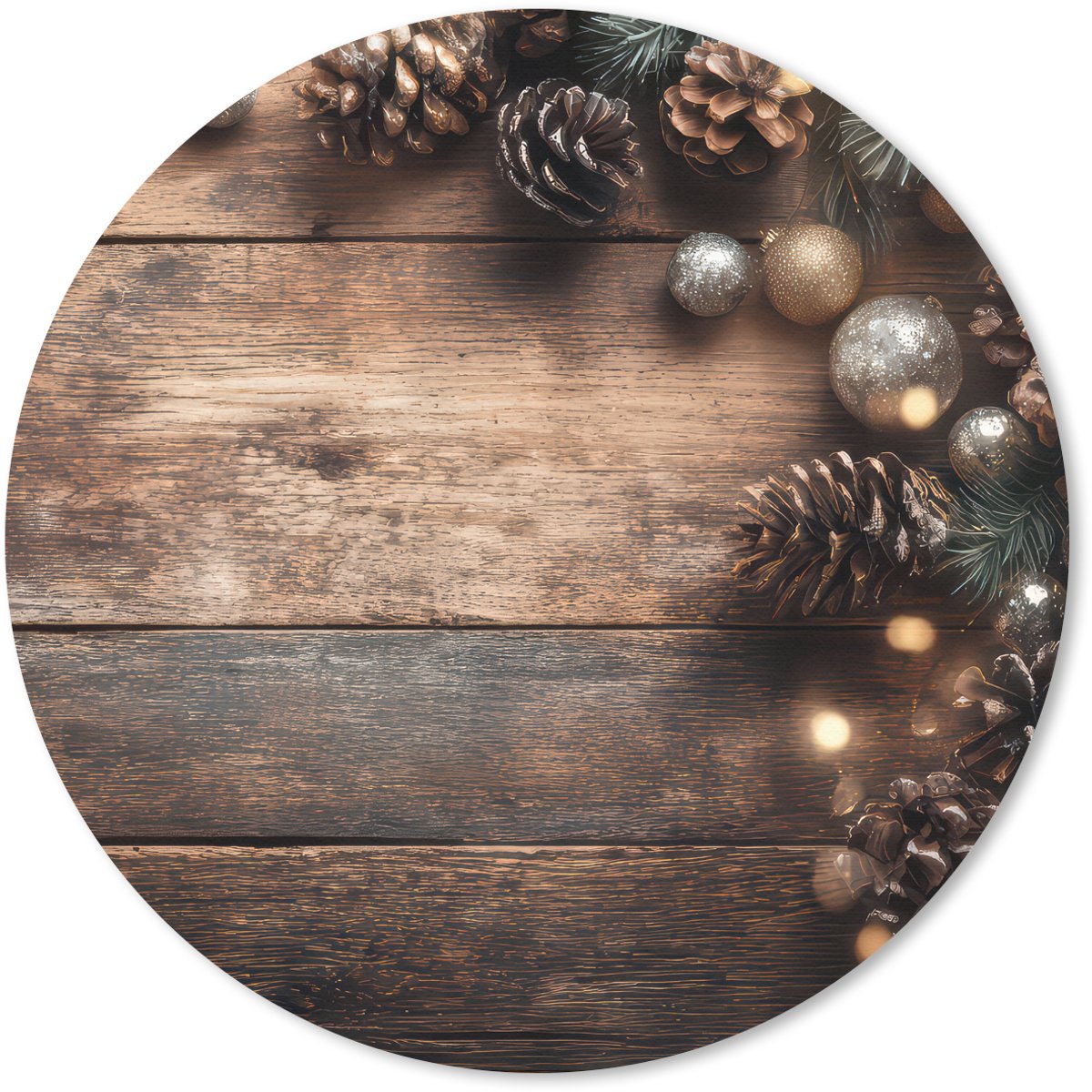 Muismat rond 50x50 cm - Mousepad Kersthoekdecoratie - Dennenappels - Lichtjes - Ronde muismatten