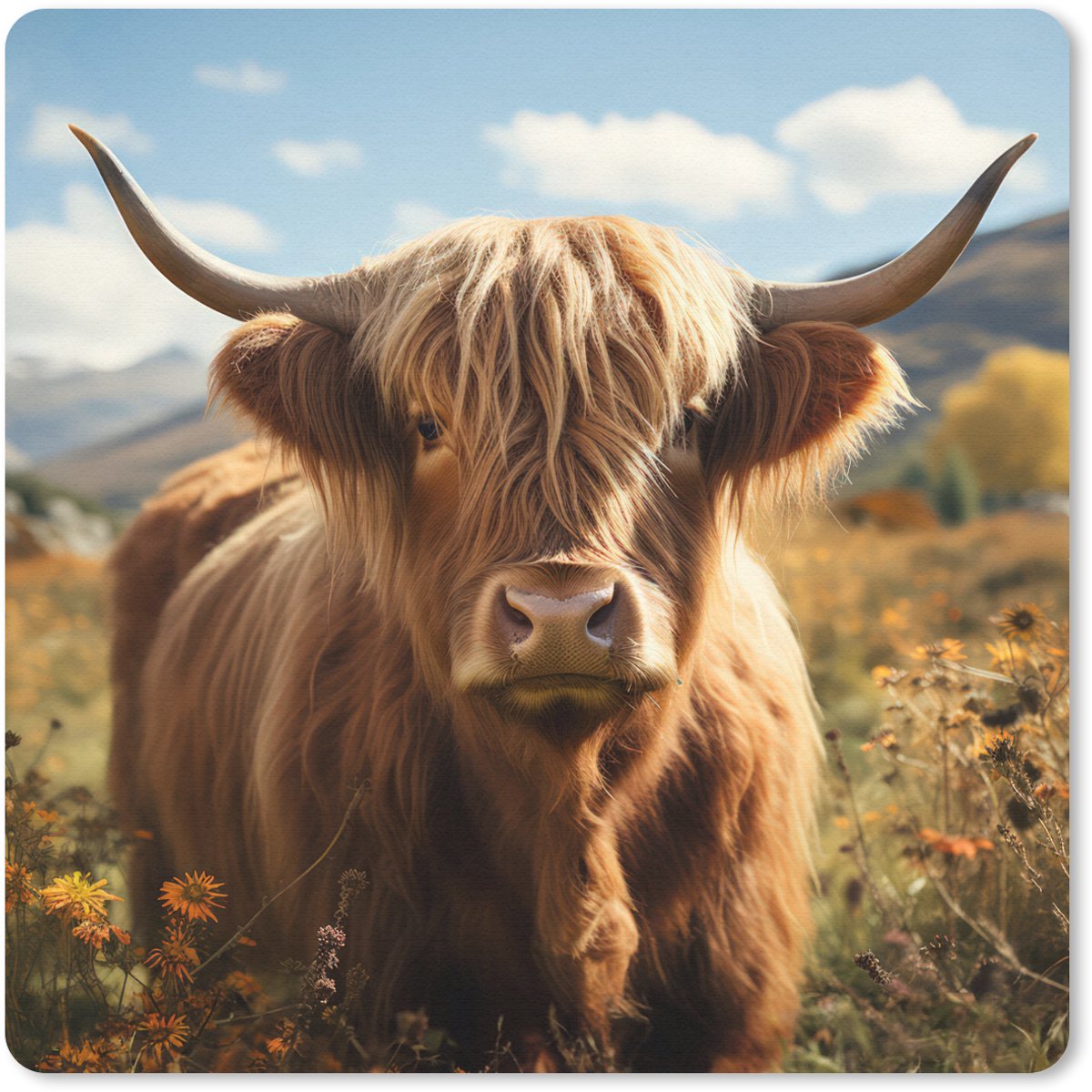 Muismat 30x30 cm - Mousepad Schotse hooglander - Bloemen - Hoorns - Wolken - Muismatten