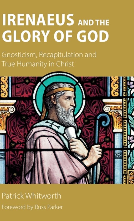 Boekomslag 'Irenaeus and the Glory of God' met een glas-in-loodafbeelding van een man met baard en een staf.