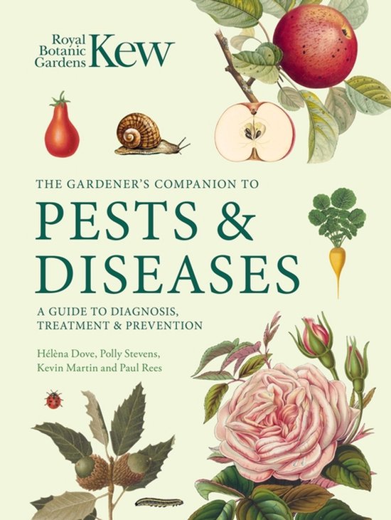 Boek 'Kew Gardener's Companion to Pests & Diseases' met illustraties van een appel, peer, slak, roos, wortel en lieveheersbeestje.