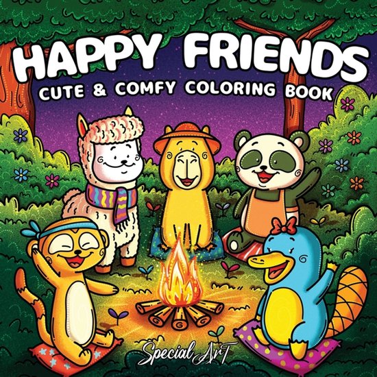 Vrolijke vrienden, schattig & knus kleurboek met een lama, leeuw, panda, aap en vogelbekdier rond een kampvuur.