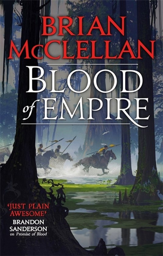 Couverture du livre 'Blood of Empire' par Brian McClellan, avec des cavaliers dans un paysage marécageux.