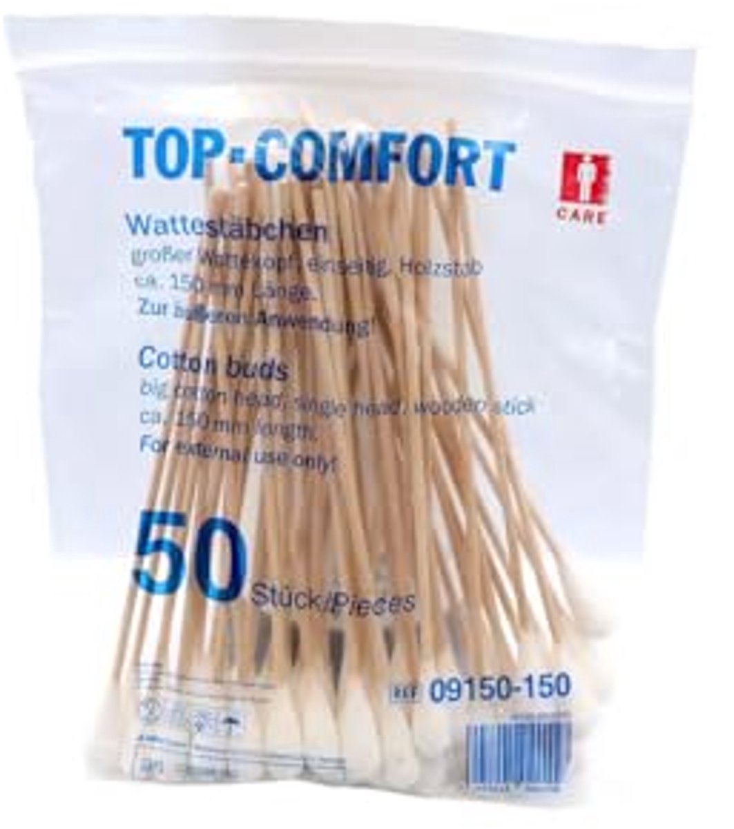 Grote wattenstaafjes met houten stok - Eenzijdige wattenkop, 50 stuks