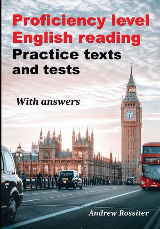 Boek "Proficiency level English reading Practice texts and tests" met antwoorden, met de klokkentoren van Big Ben op de achtergrond.