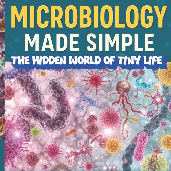 Couverture du livre : "MICROBIOLOGY MADE SIMPLE - THE HIDDEN WORLD OF TINY LIFE". Illustrations colorées de bactéries et de virus.