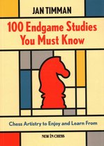 Boekomslag: "100 Endgame Studies You Must Know" van Jan Timman. Rood schaakstuk (paard) op geometrische achtergrond.
