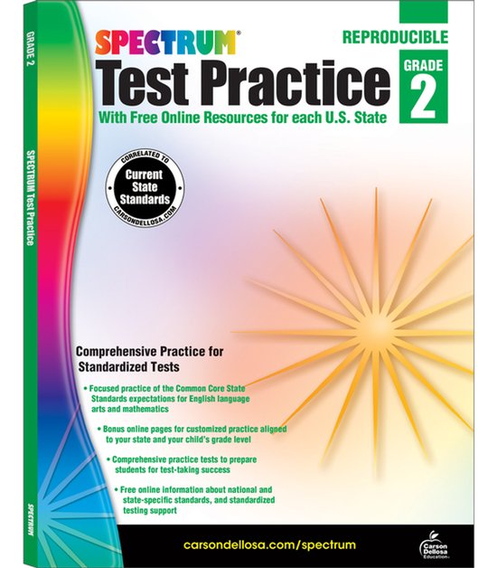 SPECTRUM Test Practice, Grade 2, met online bronnen en oefeningen voor gestandaardiseerde tests, gericht op de Common Core State Standards.