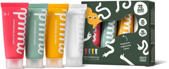 Vier nuud deodorant tubes in roze, mintgroen, geel en wit, naast een kartonnen verpakking. Inhoud: 80ml.