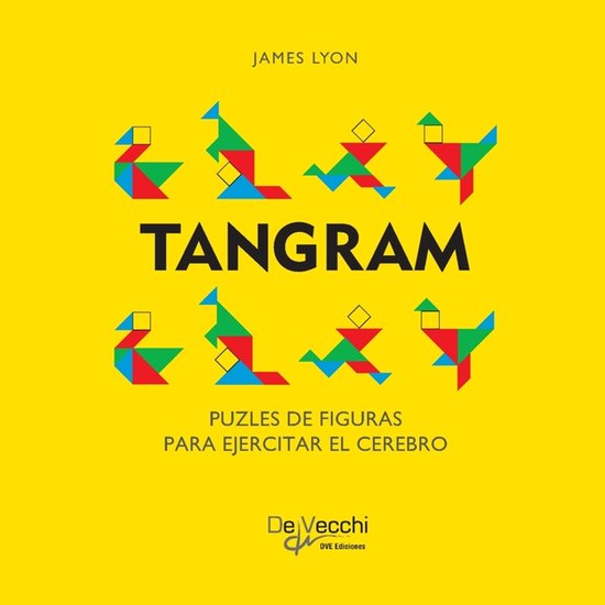 De cover van het boek Tangram, met geometrische figuren in rood, blauw en groen op een gele achtergrond. De titel 'TANGRAM' staat centraal.