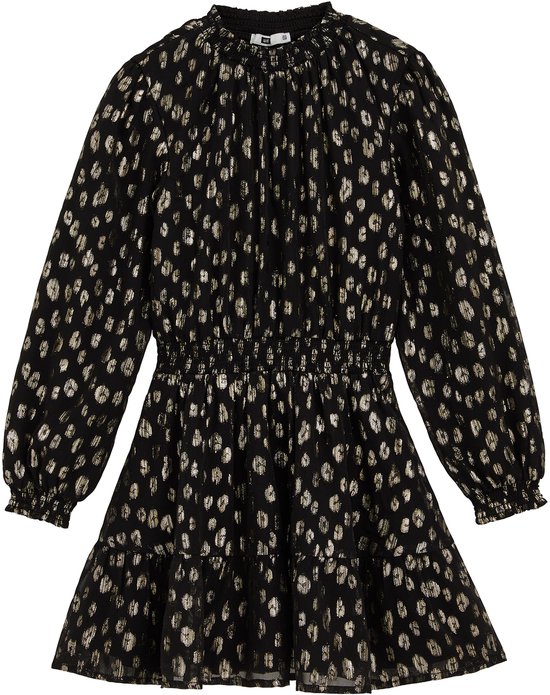 Zwarte jurk met goudkleurige glitterprint, hoge hals en ruches aan de zoom.