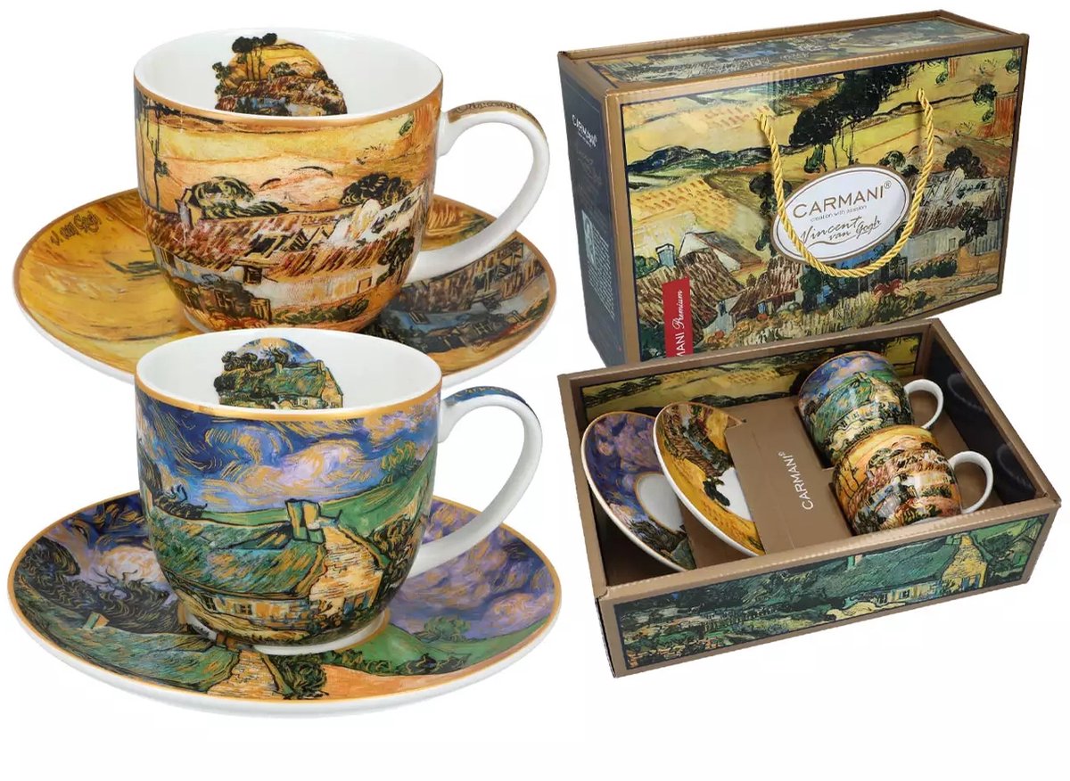 2x Van Gogh Kopjes met Schotels - "Strooien Huizen" (Carmani)