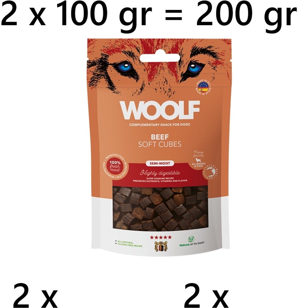 2 x woolf - hondensnack - BEEF soft cubes - 100 gr - 100% vers vlees - semi moist - puppy friendly - monoproteine - glutenvrij = 200 gr
