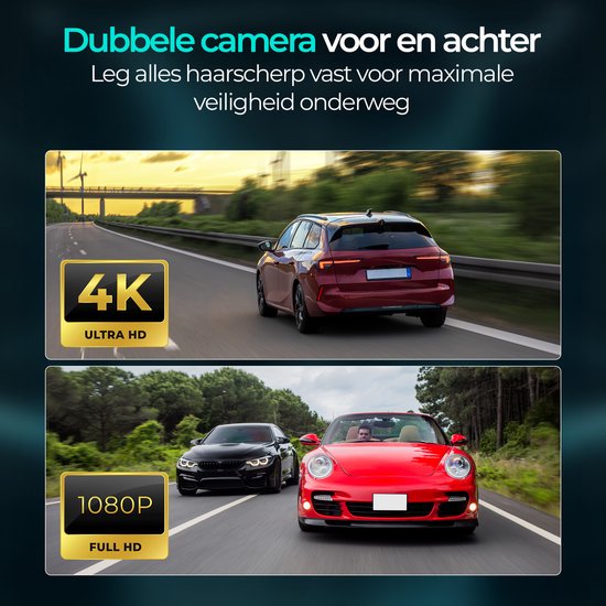 Dubbele dashcam, toont rode stationwagen op snelweg (4K) en zwarte en rode auto's (1080P).