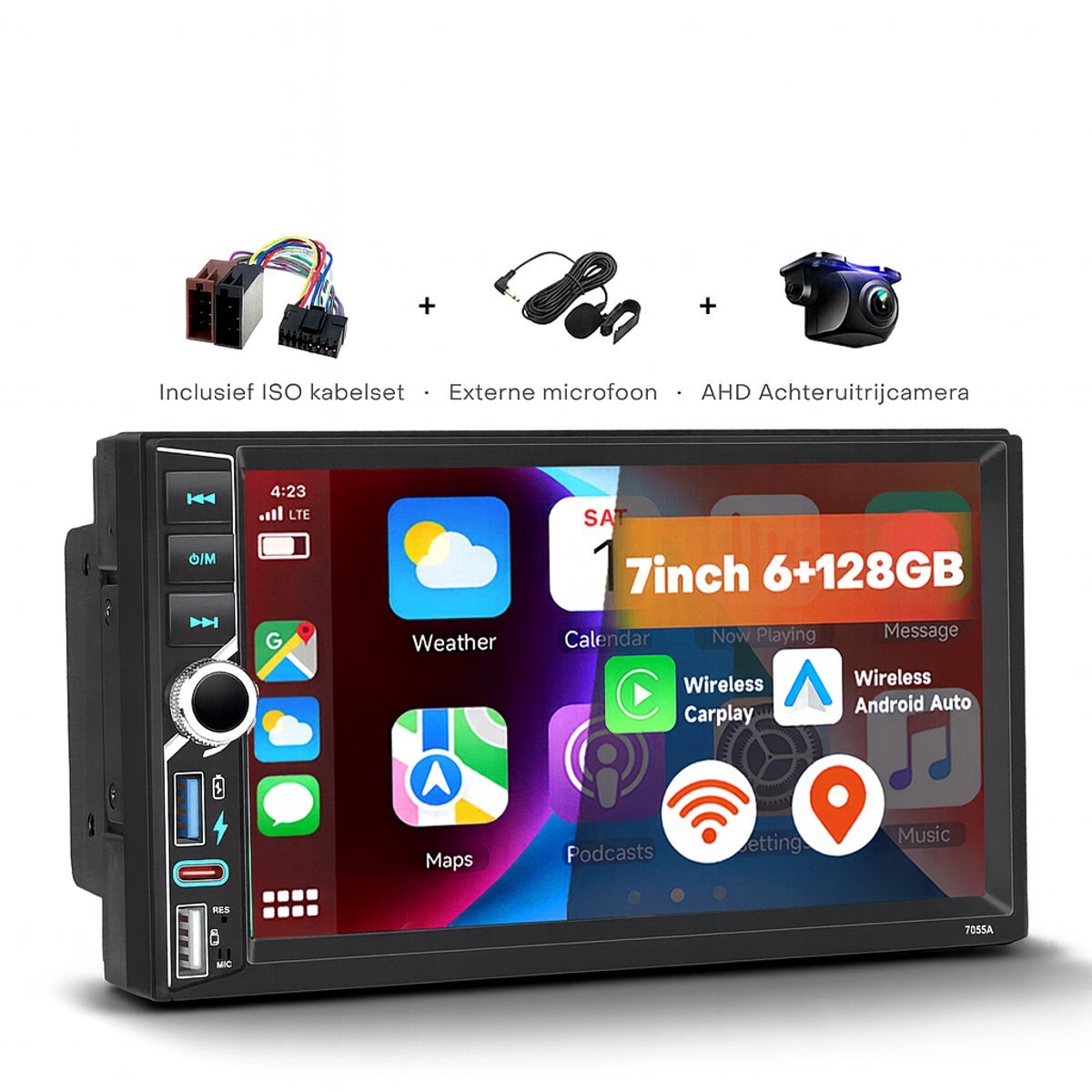 Boscer 2DIN Android 15 Autoradio – 7 Inch HD IPS Touchscreen – 6+128GB – Draadloze Apple CarPlay & Android Auto – GPS, Bluetooth, WiFi, USB & USB-C – Inclusief Achteruitrijcamera & Microfoon