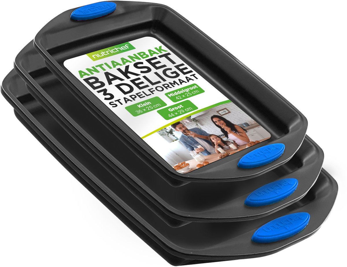 NutriChef 3-Delige Bakvormen Set - Premium Antiaanbak Bakplaten van Koolstofstaal met Siliconen Handgrepen - Grijs