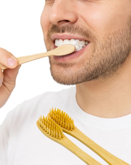 Bamboe Tandenborstel 2 Stuks – Duurzame & Ecologische Houten Tandenborstel – Milieuvriendelijke Tandenborstel met Biologisch Afbreekbare Nylon Borstels – Natuurlijke Houtkleur